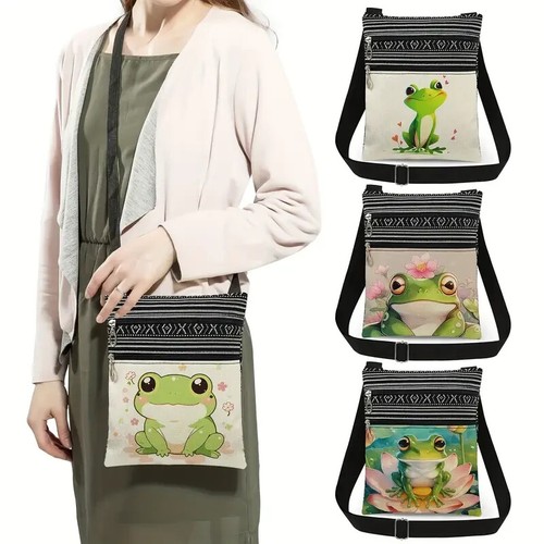 Bag Crossbody Frog Print Shoulder Bag Double Zippered Portable "Free Cardholder" - Picture 6 of 12