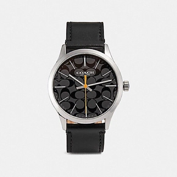 Coach 14602393 Baxter Silver Tone Black Dial Black Leather Strap 
