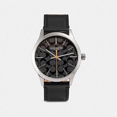 Coach 14602393 Baxter Silver Tone Black Dial Black Leather Strap 