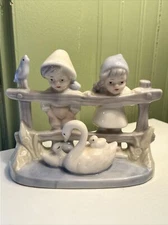 Vintage ARTMARK Porcelain Figurine – Boy & Girl Peering Over Fence at Swan