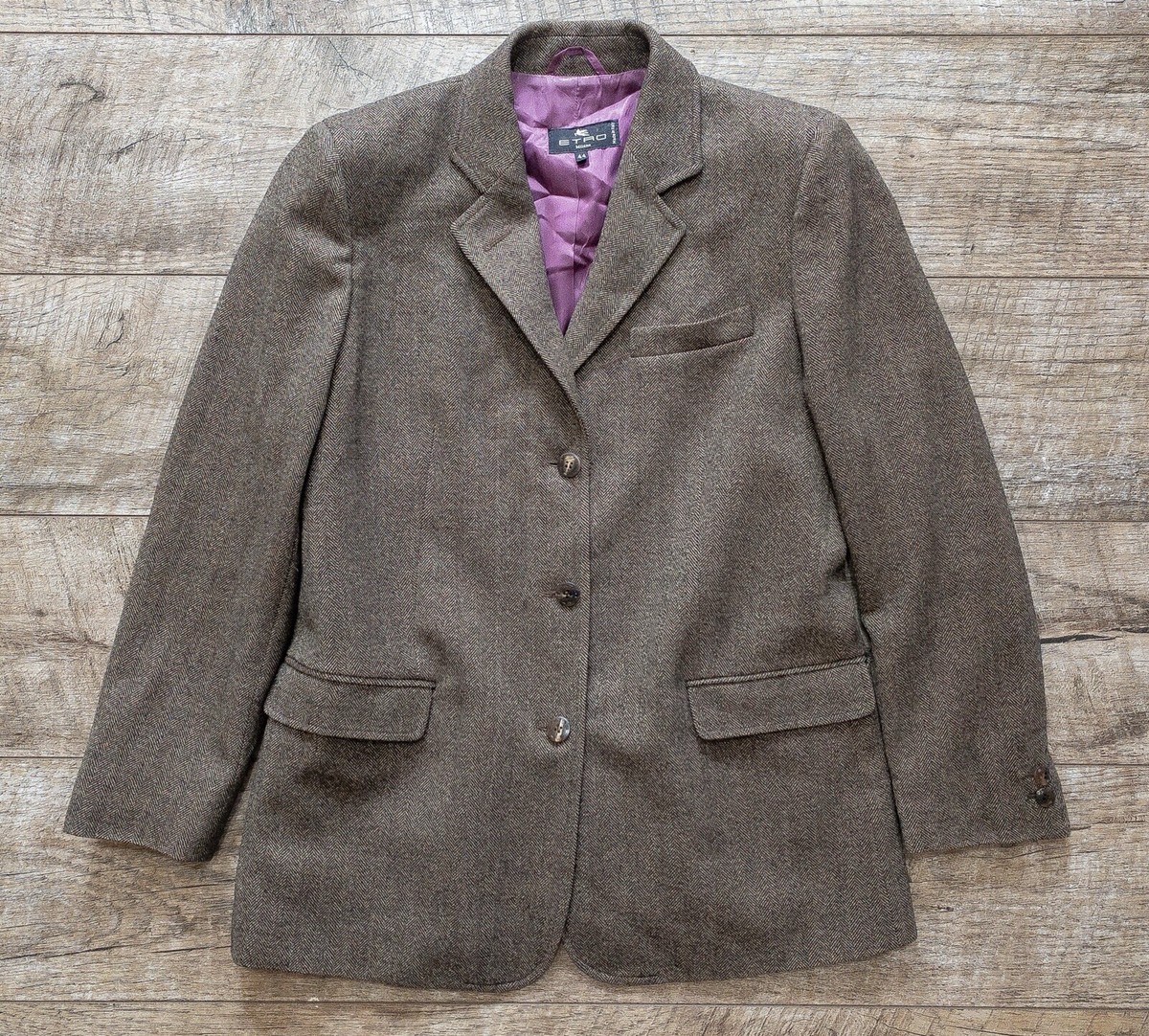 Etro Herringbone Wool Blazer Womens Size 44 Brown Milano Jacket Coat Vintage