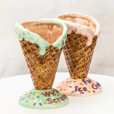 (2) Vintage Bella Casa by GANZ Porcelain Ice Cream Dishes Bowl Waffle Cone