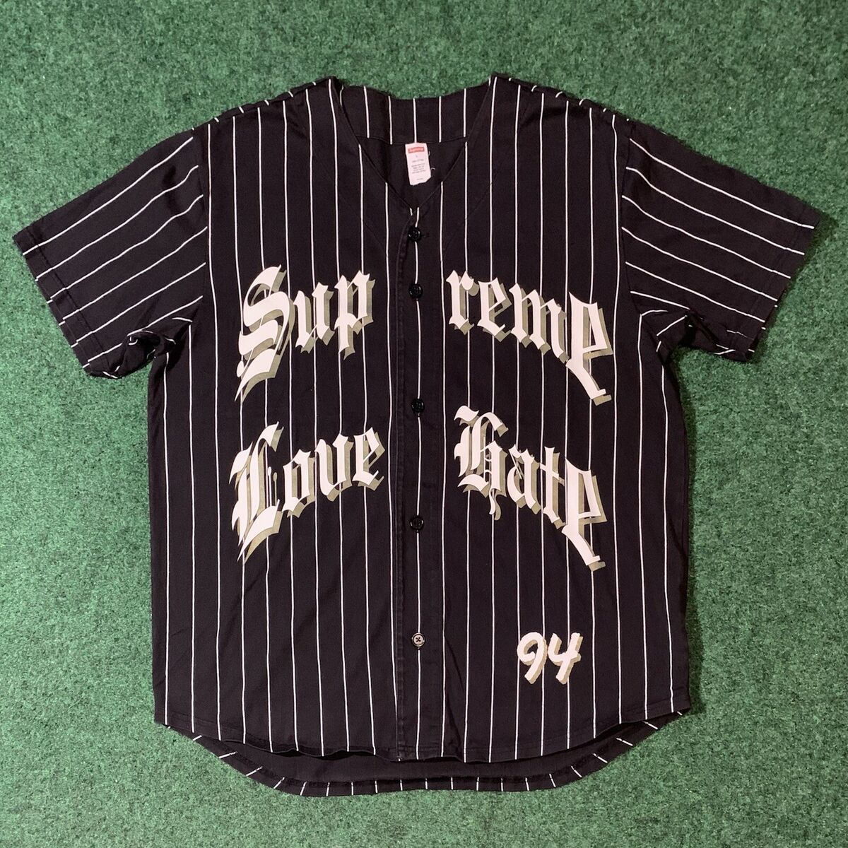 Supreme Love Hate 94 Baseball Jersey Men’s Size Large Pinstripe Black Shirt 2019