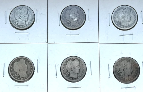 90% lot of 6 Barber Quarters melt silver valued @ over $114.00 ($1.50 face value