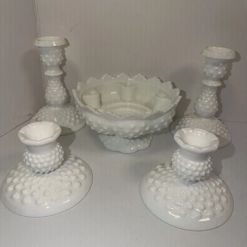 Vintage Fenton White Hobnail Milk Glass Candle Holders Set Of 5 Centrepiece