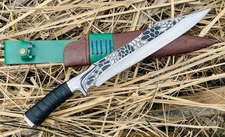 Hand Forged Viking Seax Hunting Knife Engraved Blade Rosewood Handle Full Tang