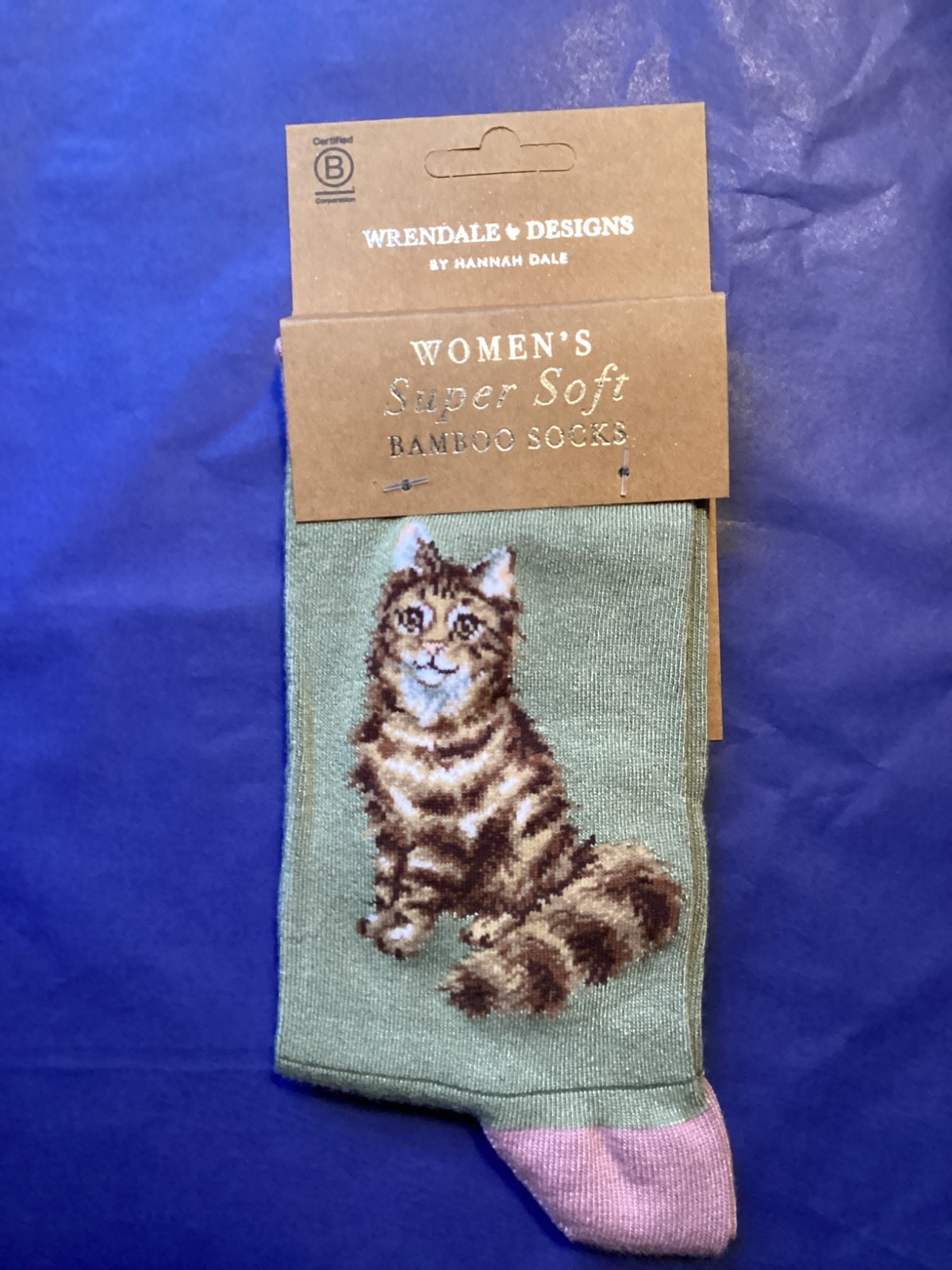 Wrendale Bamboo Socks ""Feline Fabulous"" Stripey Cat on pale olive