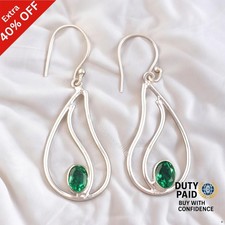 925 Silver Oval Green Emerald Stone May Drop Dangle Channel Set Elegant Earrings