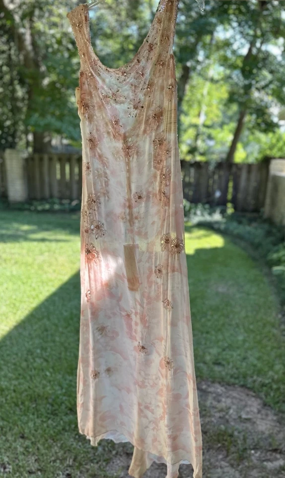 NUEVO CON ETIQUETAS DE COLECCIÓN Vestido Maxi Sin Mangas Seda Capucha Transparente Corte Sesgado Cuentas Floral Y2K Hada 12 Foto 2 de 4