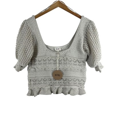 BiBi Cream Crochet Knit Ruffle Crop Top Puff Sleeve Cottagecre Boho Womens XL