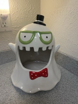 Halloween Ghost Cookie Jar Candy Bowl Decor Bow Tie Glasses