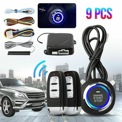 9PCS Car Keyless Entry Engine Start Alarm System Push Button Remote Starter 12V