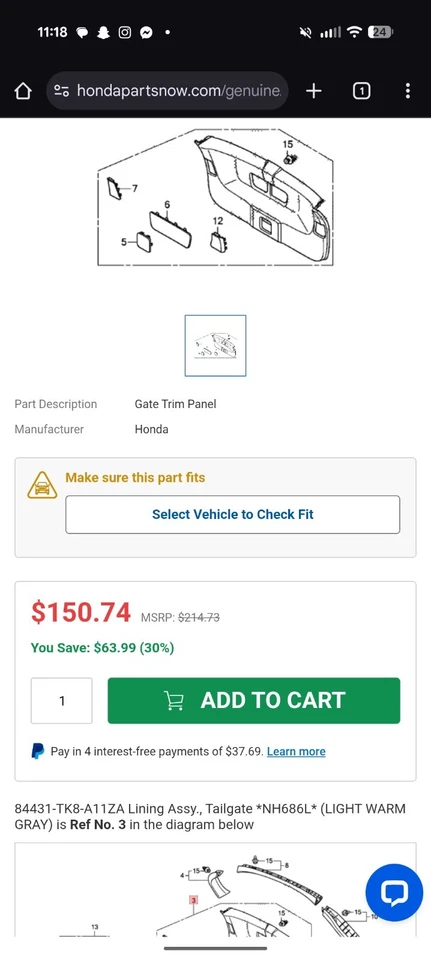 Panel de moldura de puerta trasera Honda Odyssey 2011-2017 OEM Foto 3 de 3