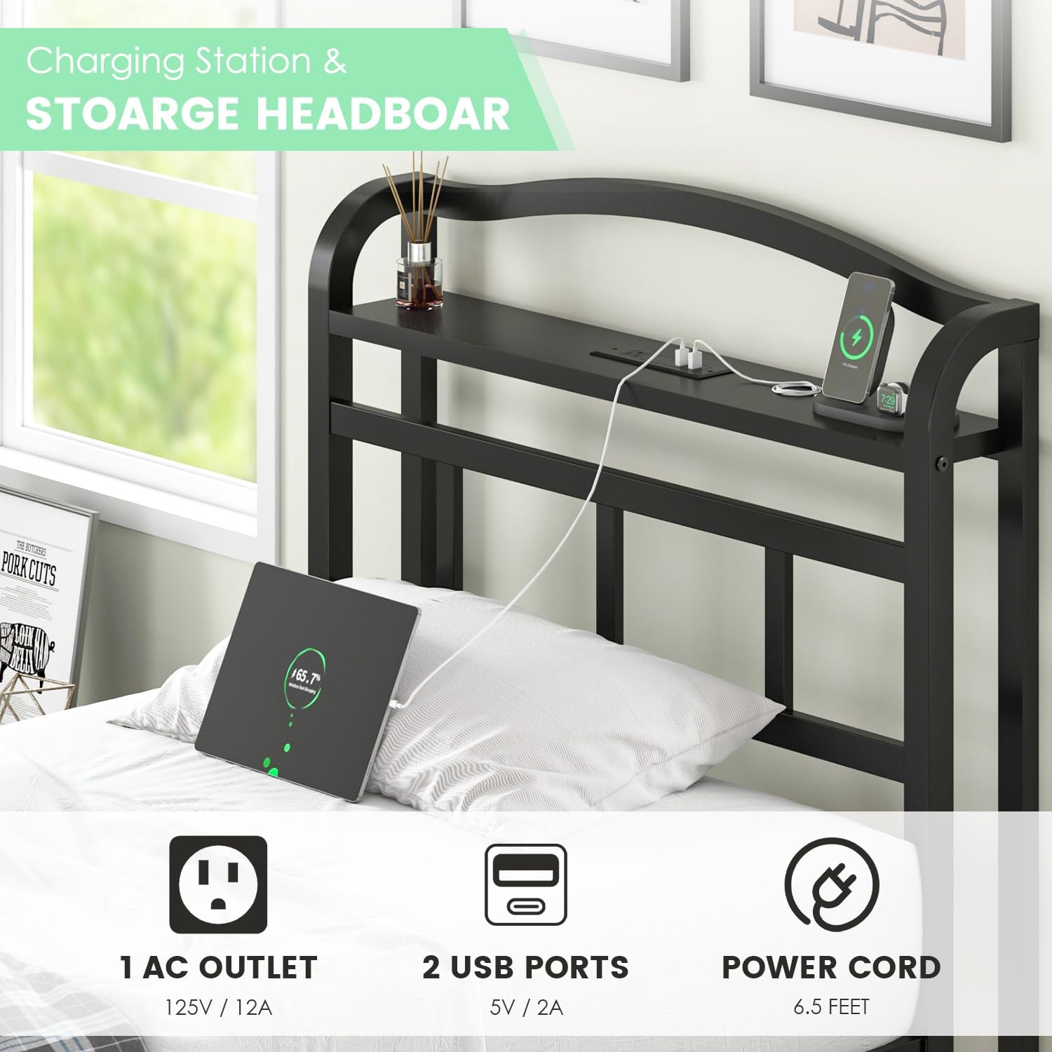 Twin Size Bed Frame - Storage Headboard with Charging Station, Easy Assembly,...
