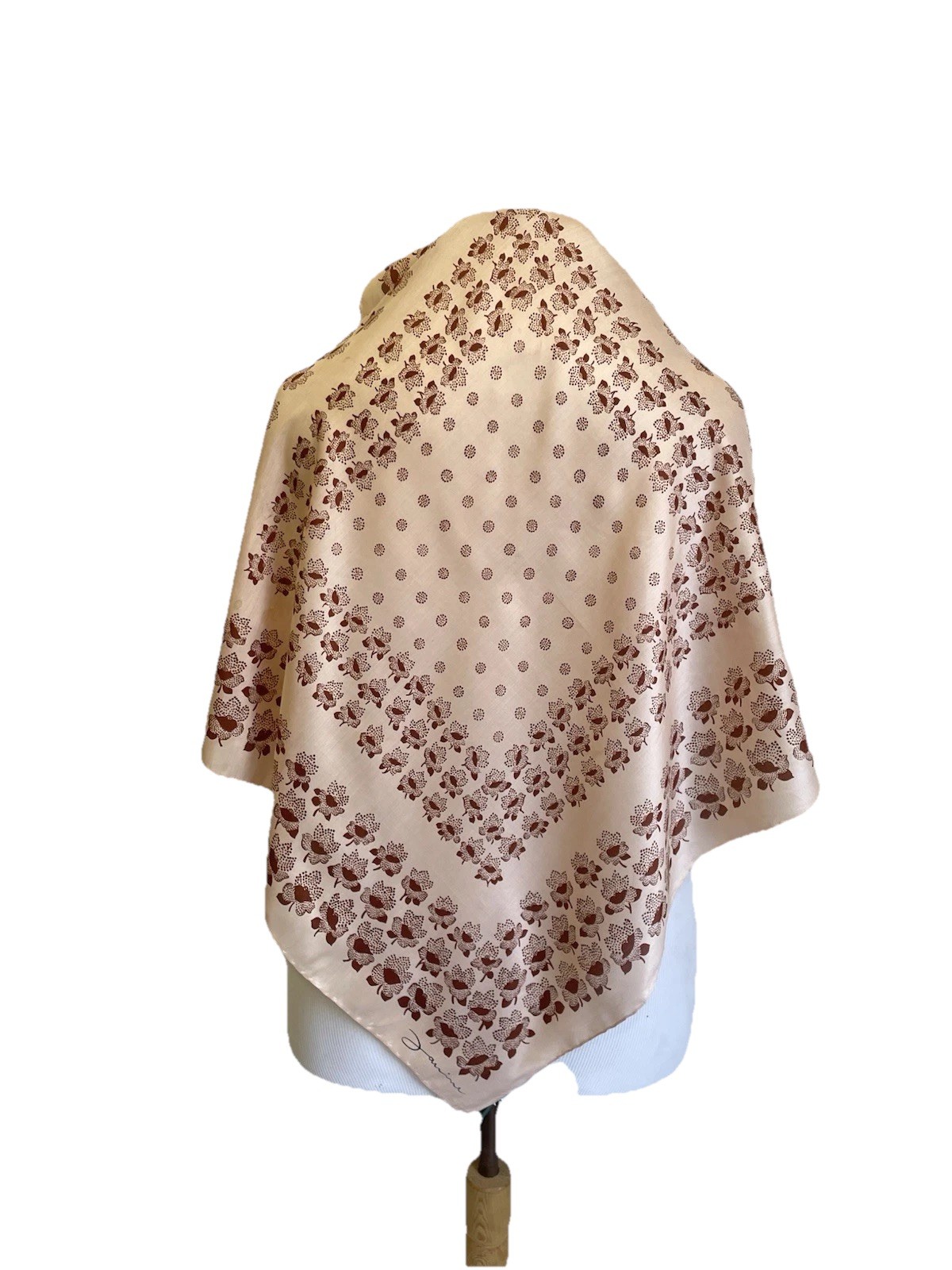 Bufanda de seda Janine Paris rosa pálido marrón floral lunares medallón dobladillo de colección #A43