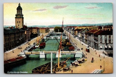 Vintage Gothenburg Sweden Canal Cityscape Boats Clock Tower Antique Postcard