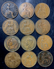 Vintage Great Britain Coin Lot - 1863-1948 - 12 LARGE PENNIES - Lot #B18