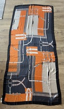 NWT Aufeel Equestrian Theme Long Scarf 71.5x32 Navy Orange Cream Silk-Feel Poly