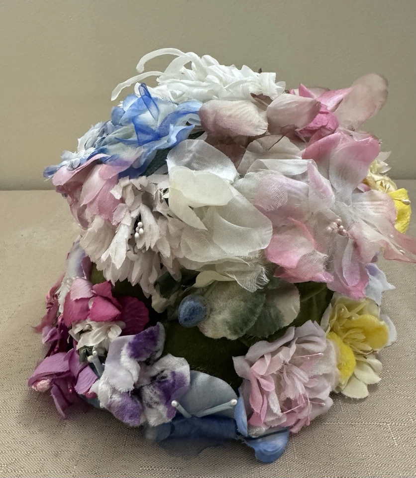 Chapéu flor milenar vintage meados do século 50-60 faixa de veludo núcleo de casa de campo flor - Imagem 3 de 4