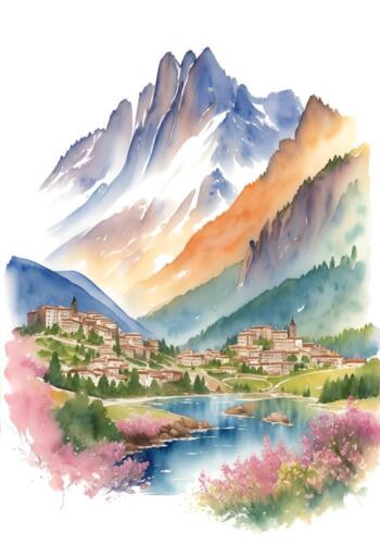 Andorra Watercolor Painting Country City Art Print - Afbeelding 1 van 1