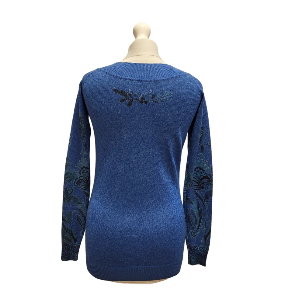 Desigual Blue Floral Long Sleeve Boat Neck Knitted Top Womens UK M CC755 - Image 3 of 4