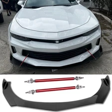 For Chevrolet Camaro Fiber Carbon Front Bumper Lip Splitter Spoiler + Strut Rods