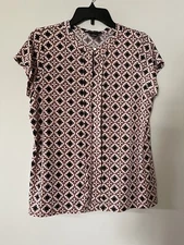 Liz Claiborne Career Blouse Short Sleeve Medallion Coral Pullover Business