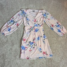 Express Dress Womens XS Pink Floral Blouson Faux Wrap V-Neck Surplice Top Lined 