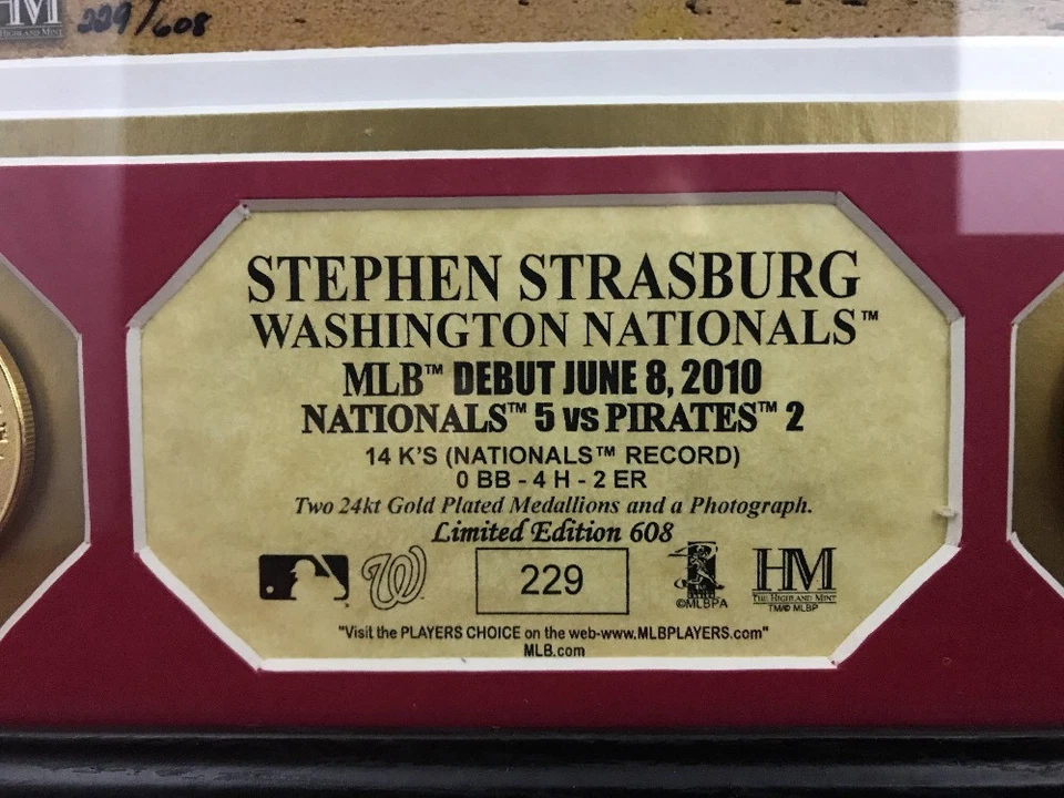 Foto de debut de Stephen Strasburg MLB monedas de oro de los Nacionales de Washington 14k’s certificado de autenticidad WS24 Foto 3 de 4