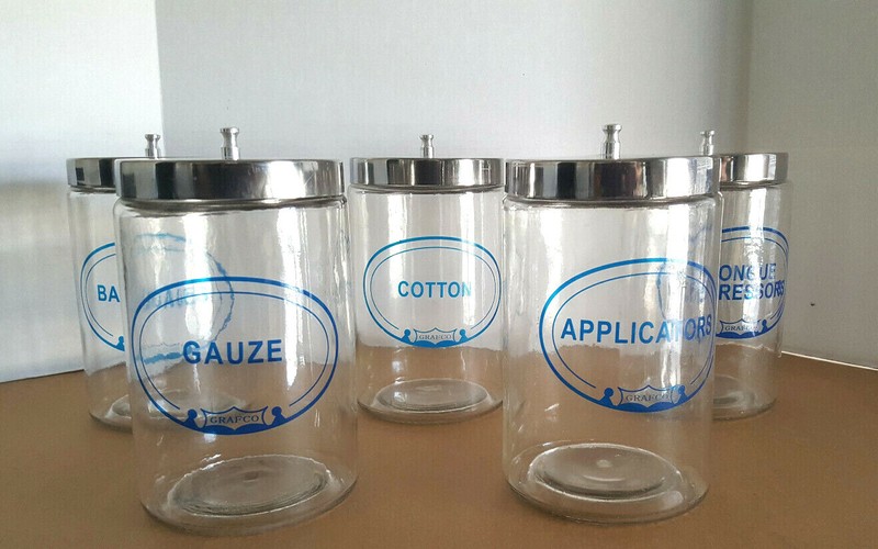 Vintage GRAFCO Apothecary Jar Set Of 5 Glass w/ Stainless Steel Lids Sundry 