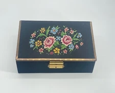 Vintage Petit Point Jewelry Box Hand Embroidered Velvet Lined Travel