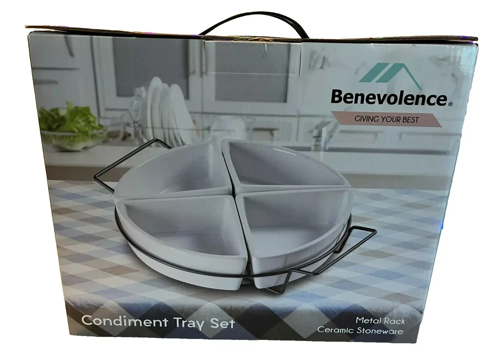 Ceramic Stoneware 5-pc Condiment & Snack tray Set w/ Metal Rack Dishwasher Safe - Image 3 of 4