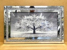 Crushed Diamond Blossom Tree Picture Silver Liquid Art 3D Wall Hung 80x50 cm
