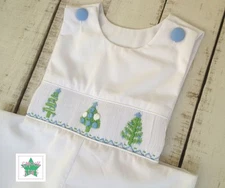 NeW SMOCK STARS Smocked Boys Longall Christmas Trees White Lined Overall NWT