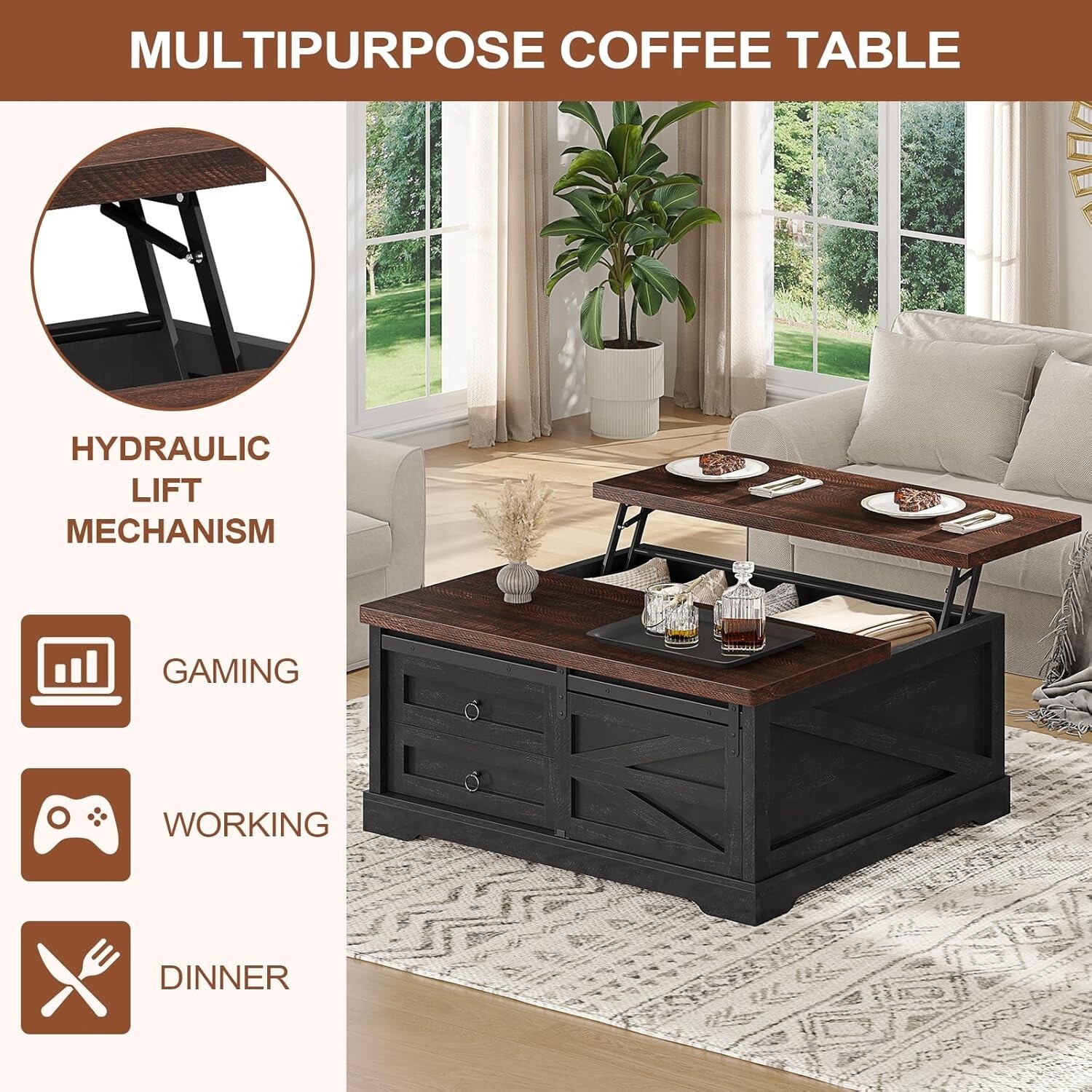 39.4'' Lift Top Coffee Table with Storage Farmhouse Coffee Table for ...