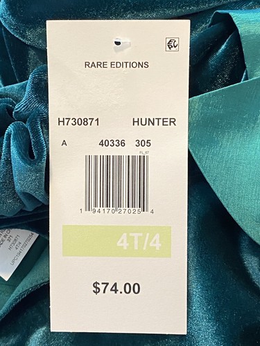 RARE EDITION Toddler Girls Hunter Green Velvet Cap Sleeve Dress NWT $74 - Picture 6 of 7