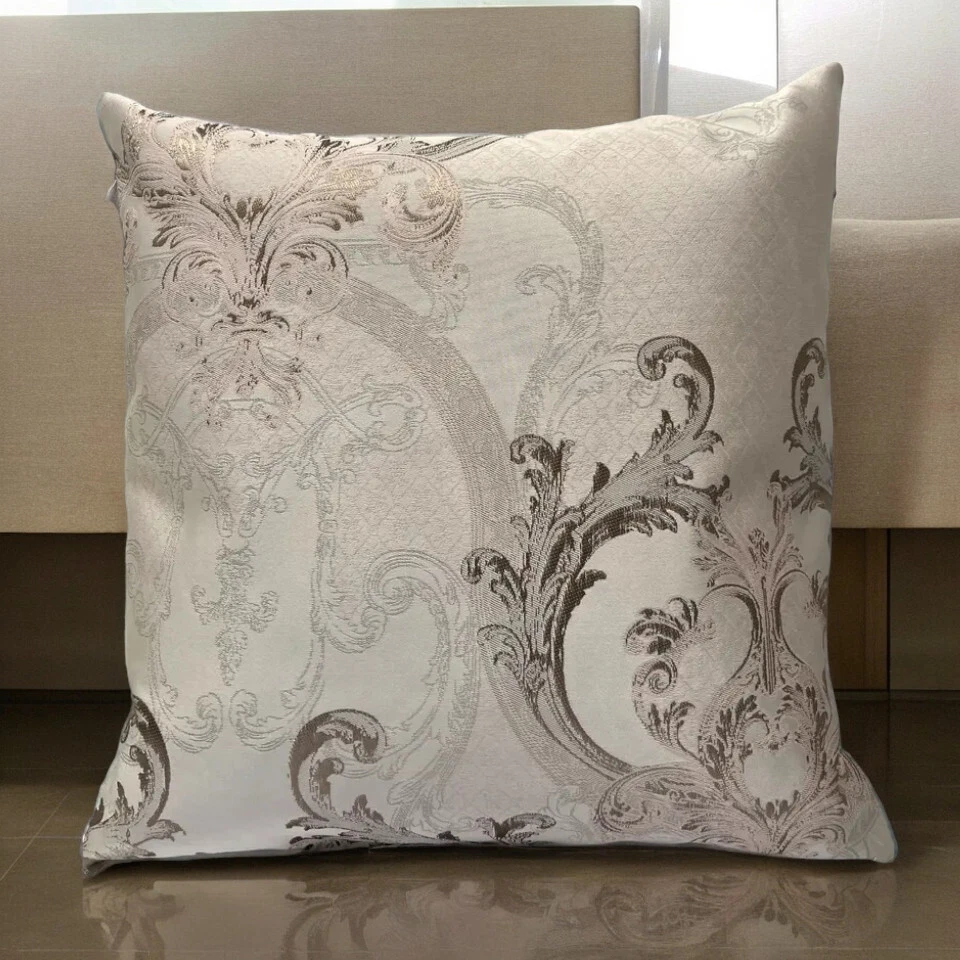 Set of 4 Beige Luxury Damask Cushion Covers Olive Flower 18x18" 45X45 Cm Zip - Image 3 of 4