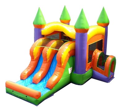 Commercial Inflatable Bounce House Double Lane Slide Combo Orange With Blower