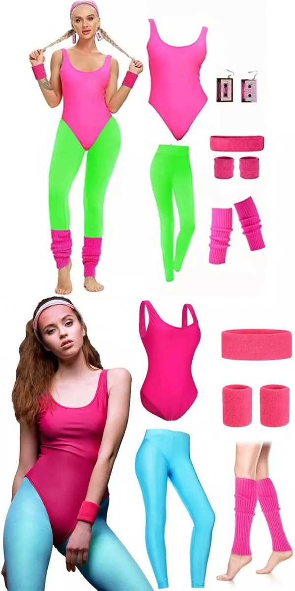 80s Workout Costume. Adult Neon Jazzercise Aerobics Outfit.