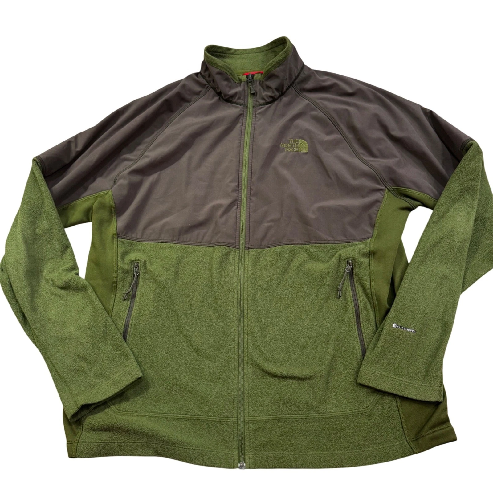 The North Face Mens XL Full Zip Fleece Jacket Olive Green Brown FlashDry