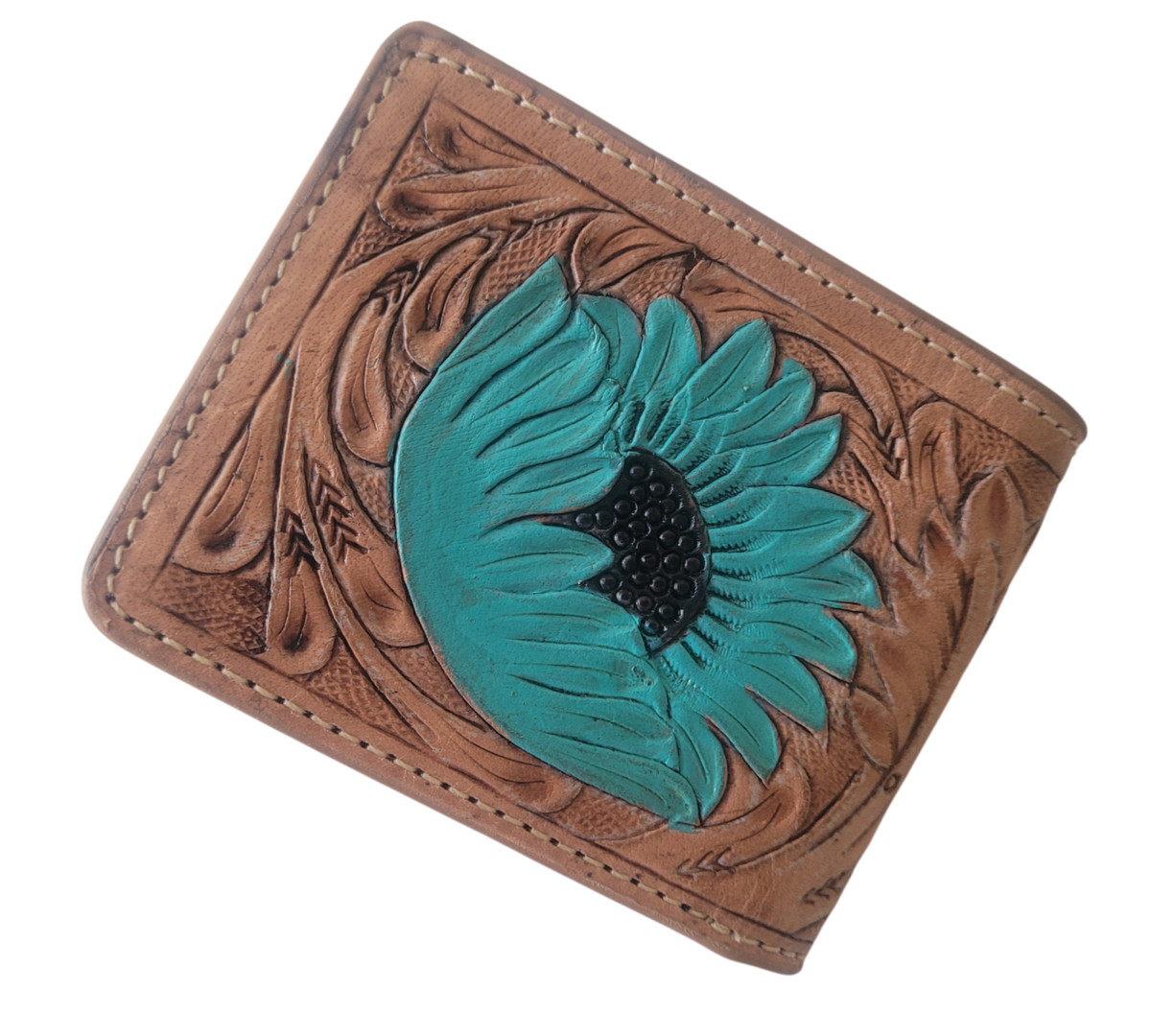 Hand Tooled Genuine Leather Bifold Wallet - Leather RFID Men Tan Wallet Flower View 5