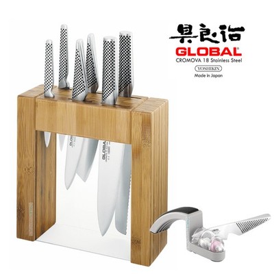 Global 7pc Ikasu Knife Block Set & Minosharp 2 Stage Sharpener