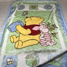 HTF VTG Disney Winnie Pooh Piglet Green Blue Baby Blanket 30x45 Crown Crafts E1