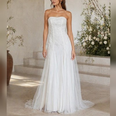 Galina David's Bridal WG3492 White Lace & Tulle Sweetheart Wedding dress sz 4