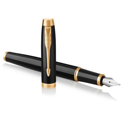 IM Fountain Pen, Black Lacquer Gold Trim, Medium Nib with Blue Ink Refill, Gi...