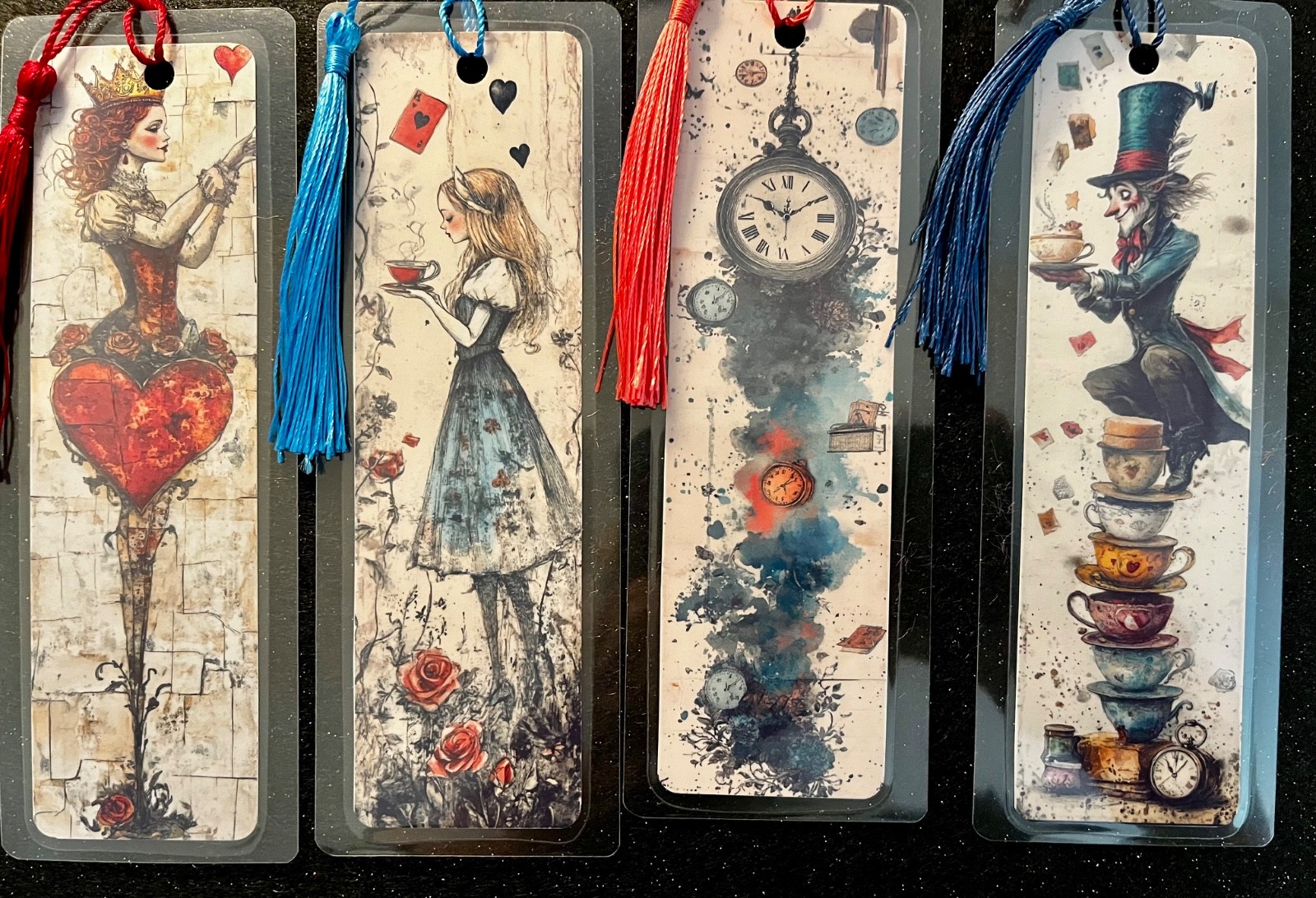 ALICE IN WONDERLAND BOOKMARKS LAMINATED WITH TASSELS HANDMADE FREE SHIPPING