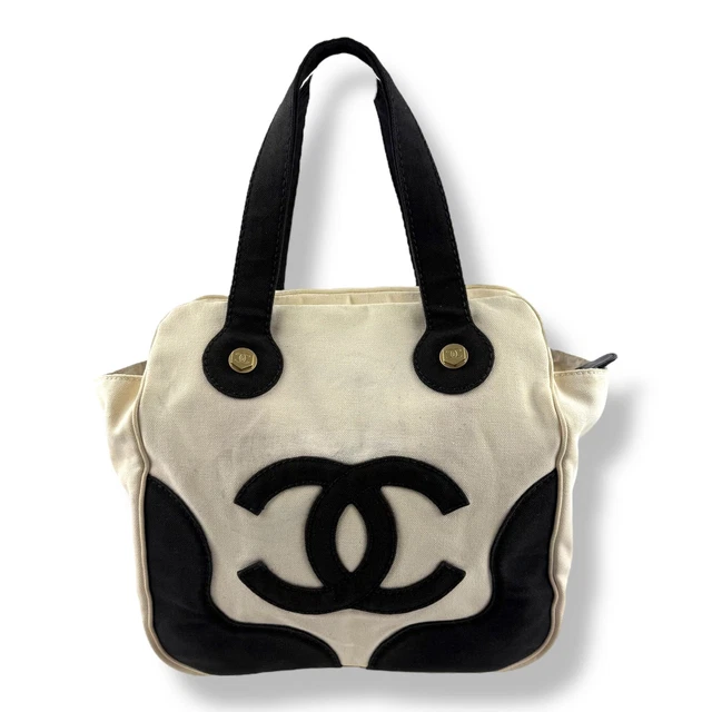 Chanel CC White/Black Marshmallow Top Handle Tote Handbag