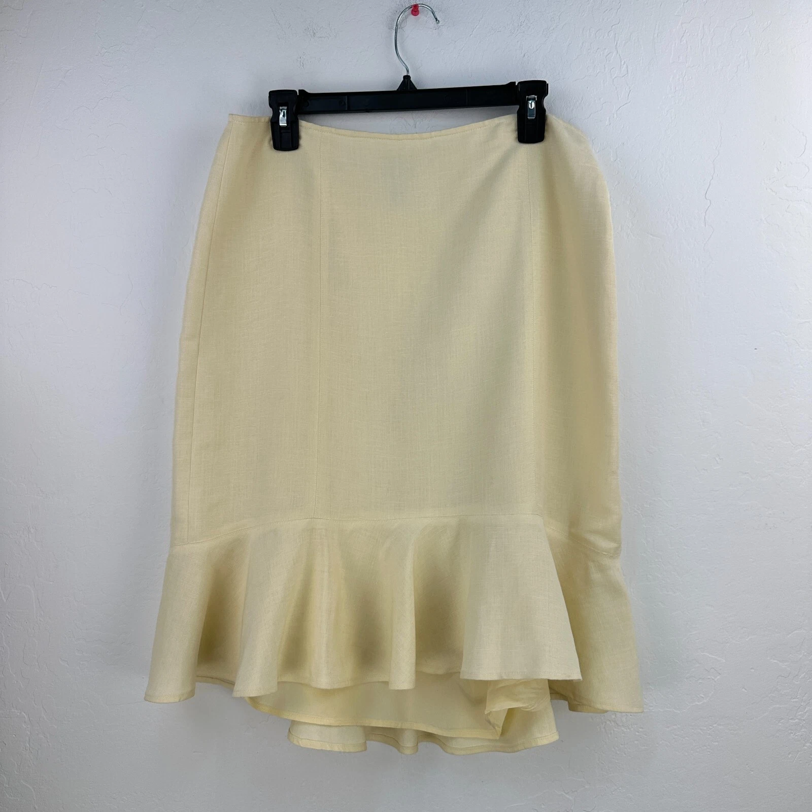 Ann Taylor Loft Straight Skirt Womens 12 Yellow Tiered Ruffle Lined Linen Blend