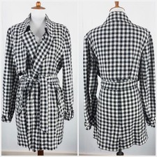 Crown Linen Designs Bryant Linen Trench Womens Size Medium Black White Gingham
