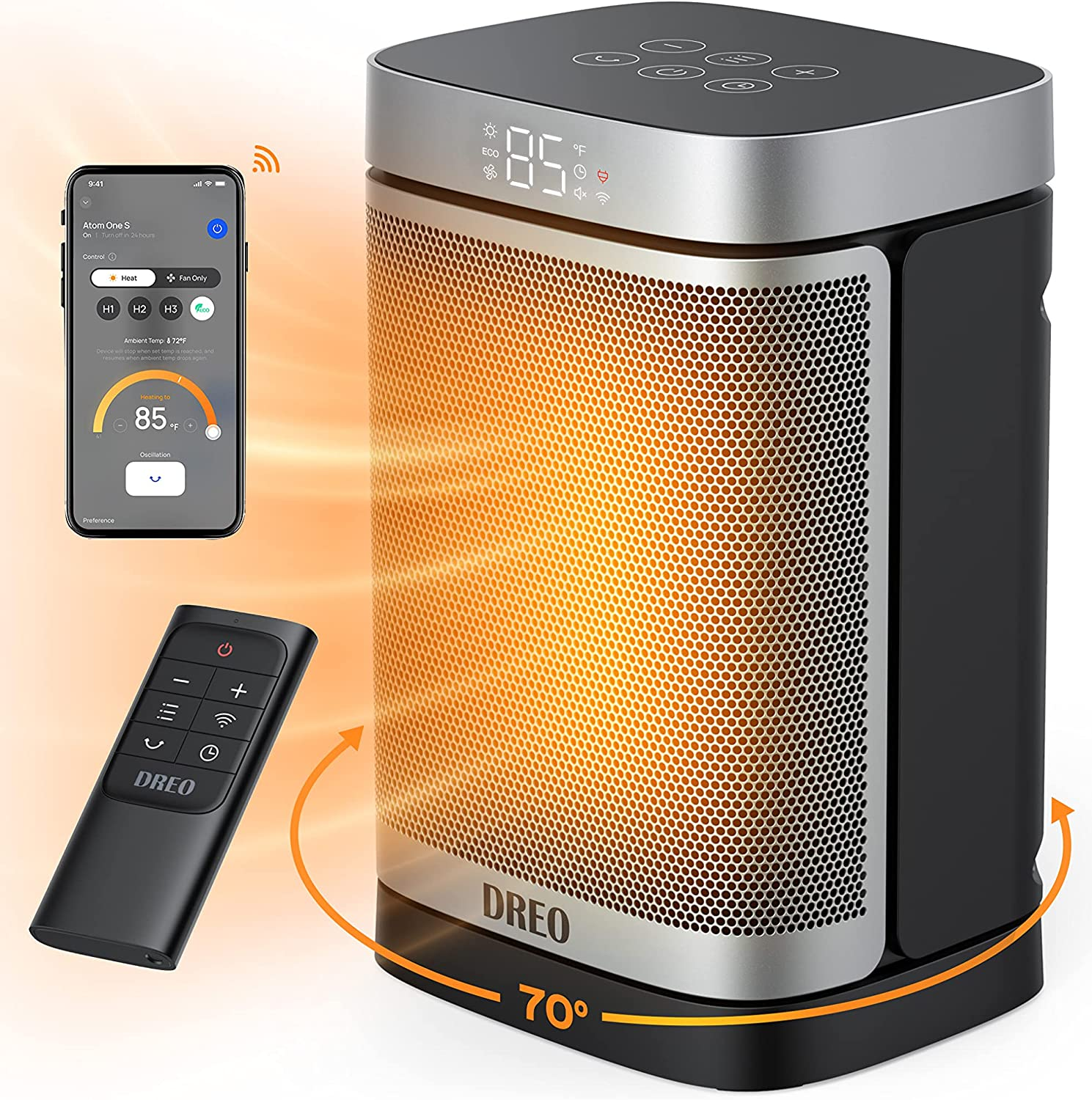 1500W Smart Space Heaters for Indoor Use, Portable Heater with 70°Oscillation, W